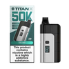 Red and black vape device with Titan X packaging on a white background