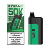 Red and black vape device with Titan X packaging on a white background