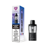Black vape device with pink and white packaging on a white background