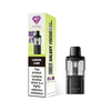 Black vape device with pink and white packaging on a white background