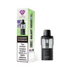 Black vape device with pink and white packaging on a white background