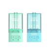 Clear mint green vape device with branding and product details on a white background