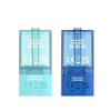 Clear mint green vape device with branding and product details on a white background
