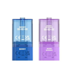 Clear mint green vape device with branding and product details on a white background