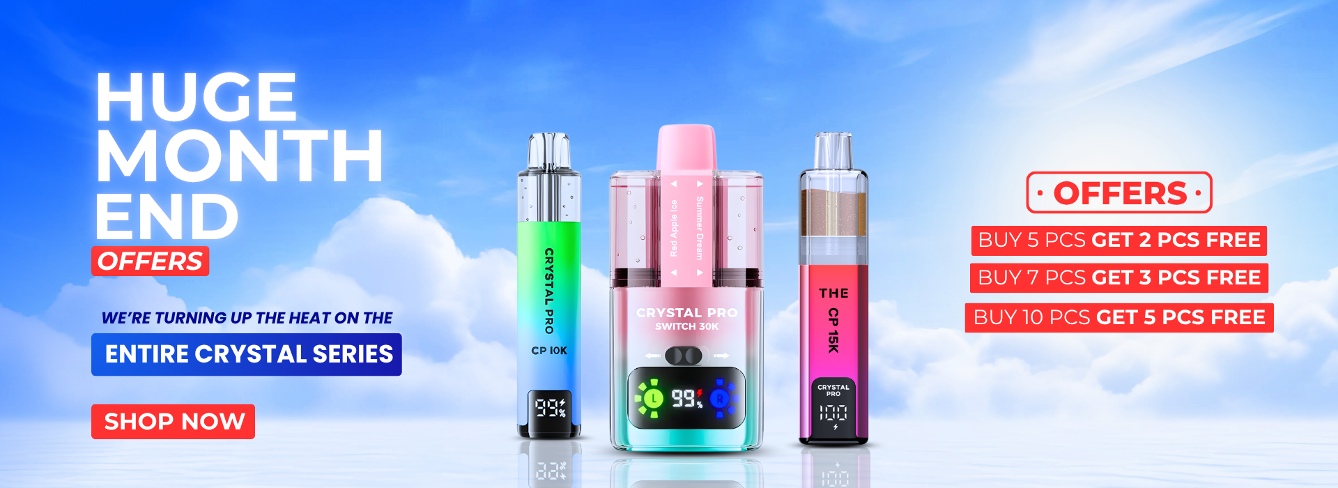 Crystal Series prefilled pod kits including CP 15K, CP 10K and Crystal Pro Switch 30K featuring long-lasting puffs, rich flavor and smooth performance.