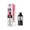 Black vape device with pink and white packaging on a white background