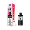 Black vape device with pink and white packaging on a white background
