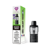 Black vape device with pink and white packaging on a white background